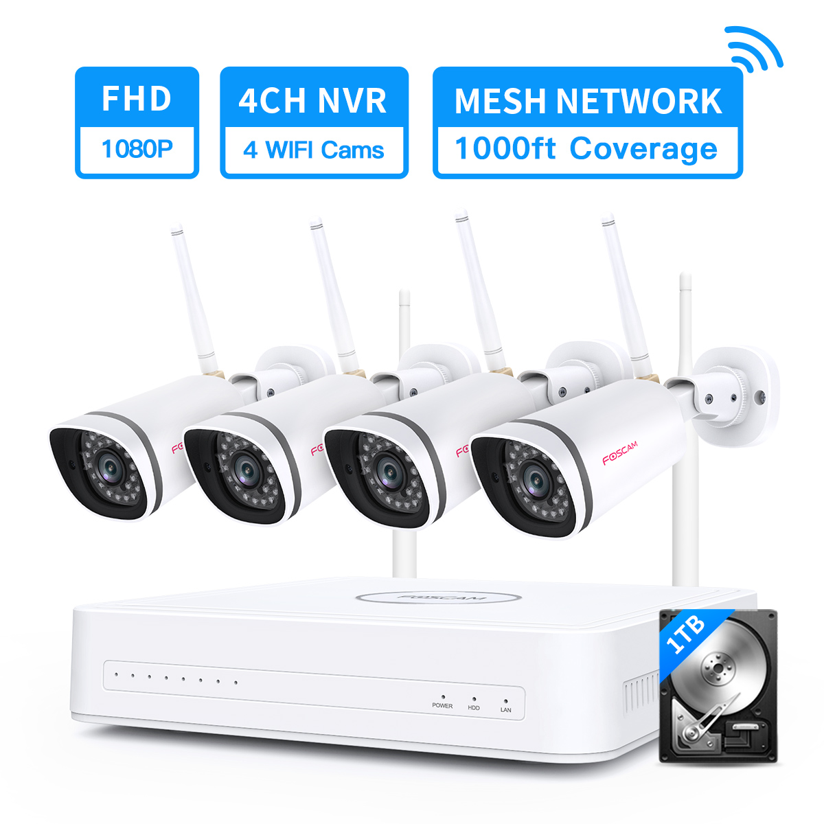 Foscam 2mp 4ch long range motion sensor wifi nvr kit cctv wireless camera security system