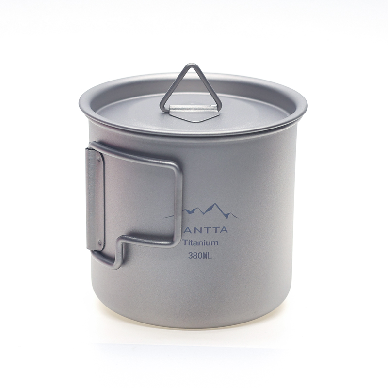 SANNTA Light Weight Portable Titanium Cup with Lid and Folding Handle for Camping Backpacking Travel Picnic