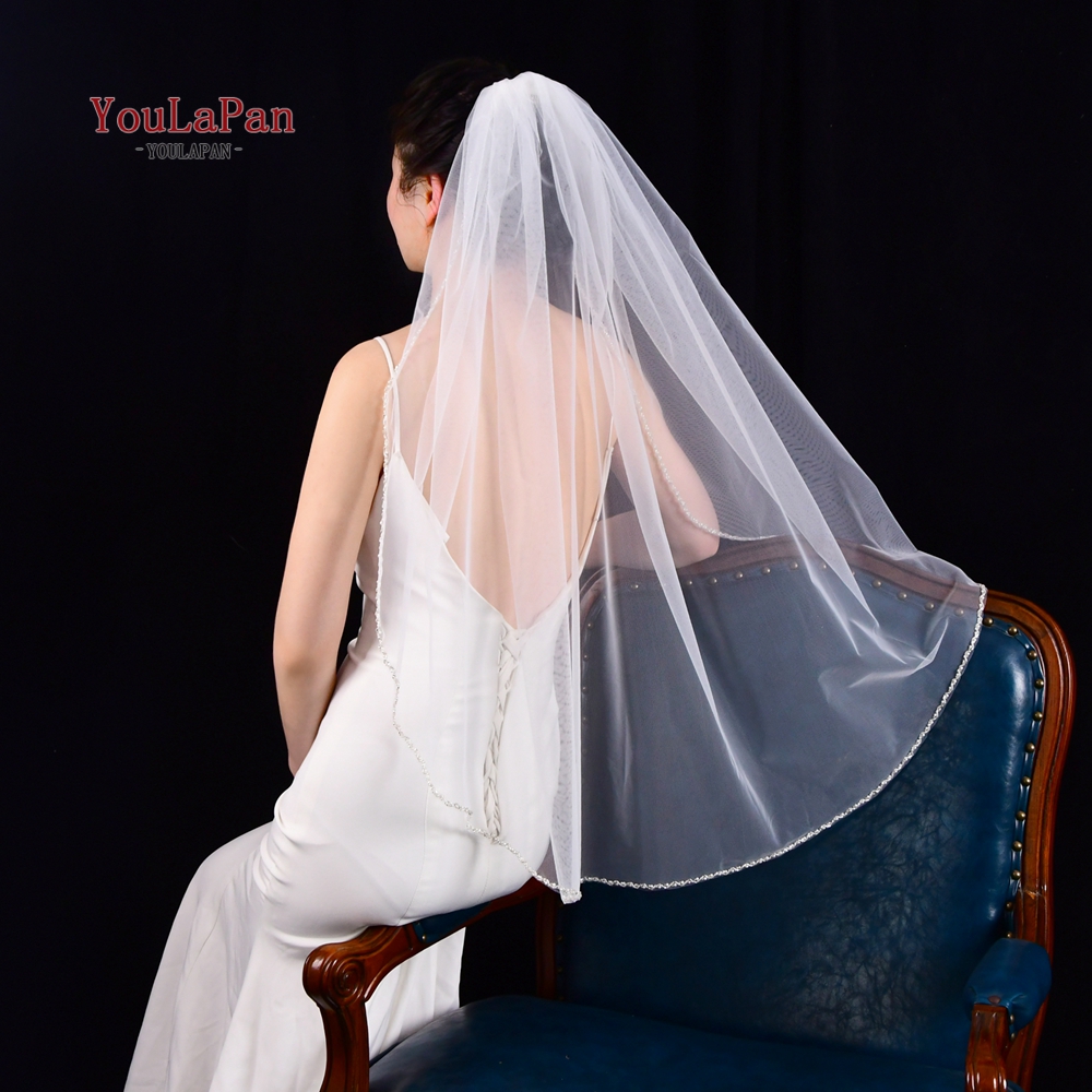 YouLaPan V32 Amazon Hot Sale Bridal Wedding Veils 2 Layers Handmade Beaded Edge White Ivory Bridal Veils With Comb