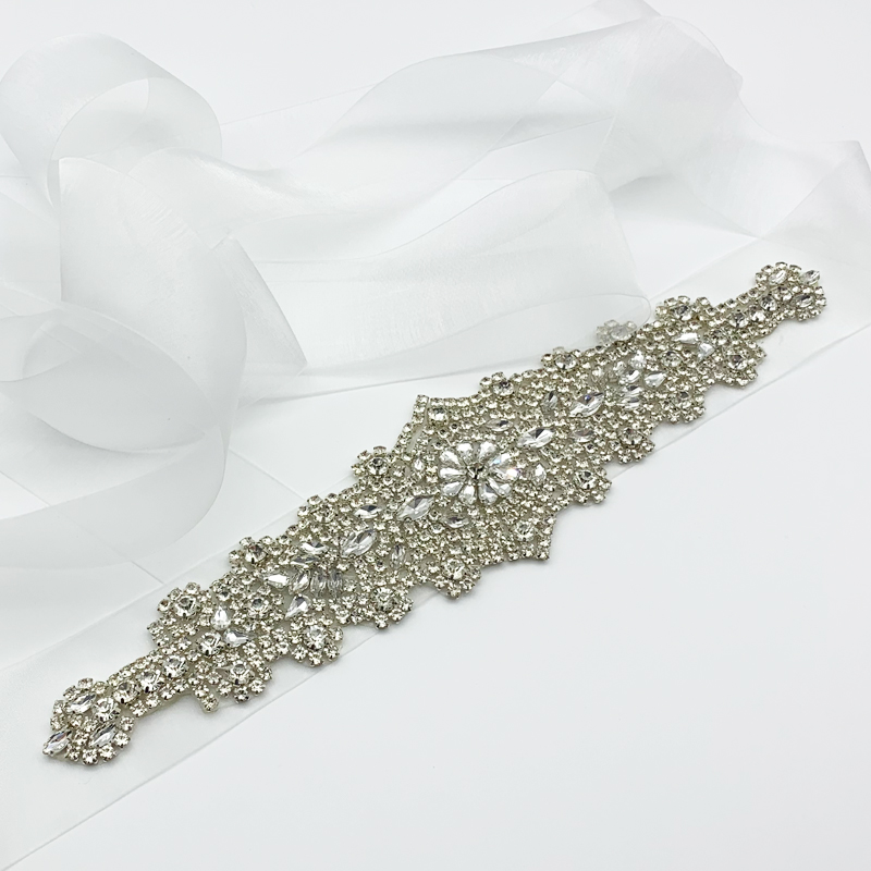 Hot selling Bing Silver Bridal Belts with Rhinestone Satin Ribbon Iron on Crystal Applique Wedding Dress Belts
