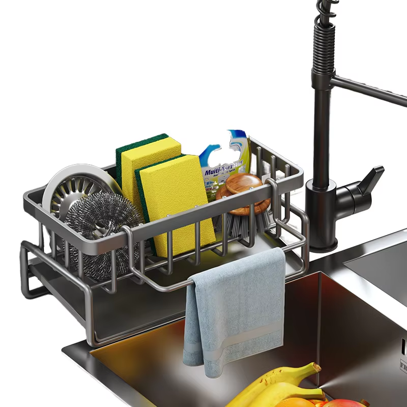 Kitchen Household Metal Double-Tiered Sink Cloth Dishwashing Sponge Rack Organizer Easy-to-Use Countertop Draining Rack Spice