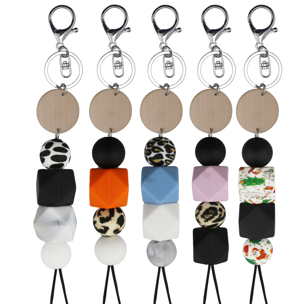New deigns wholesale silicone beaded keyring wooden disc tassel pendant necklace lanyards keychain silicone bead lanyard