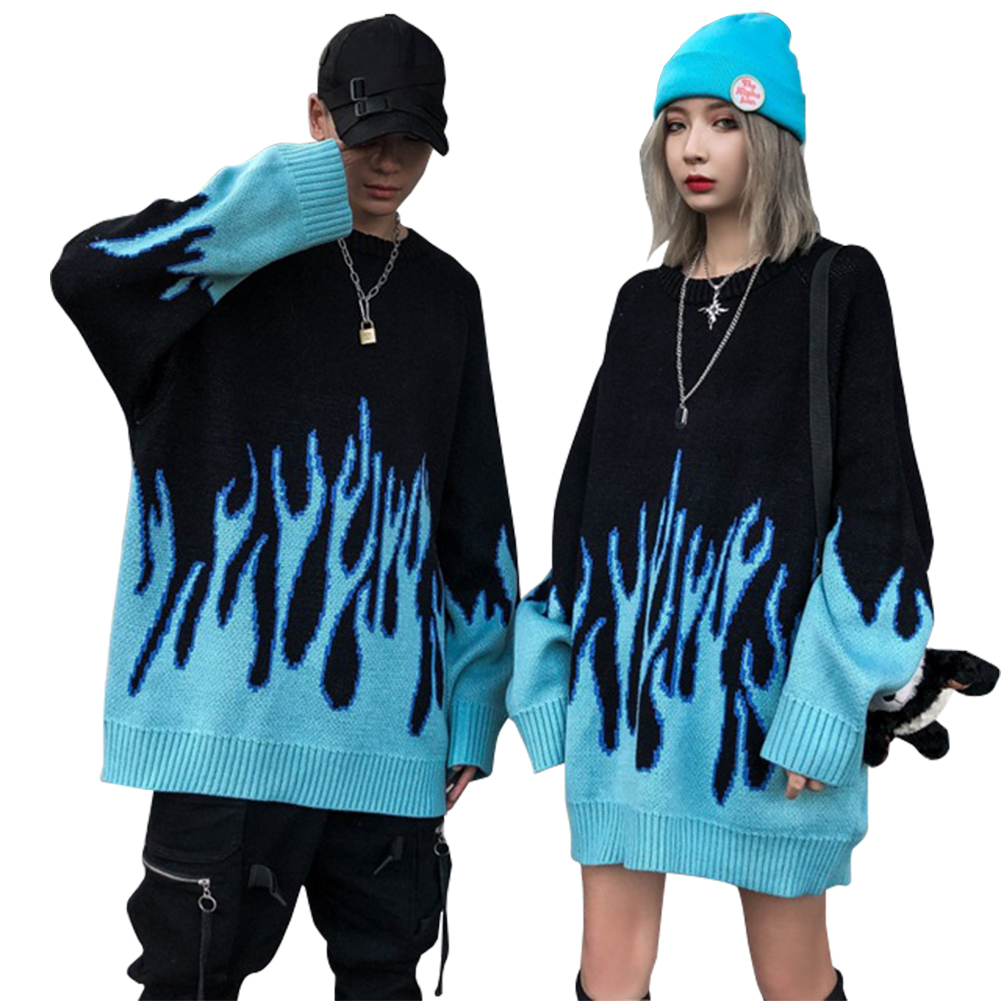 Men's Retro Flame Pattern Hip Hop Autumn Pullover O-neck Oversize Casual Knit Sweaters Streetwear Cardiganr for Men