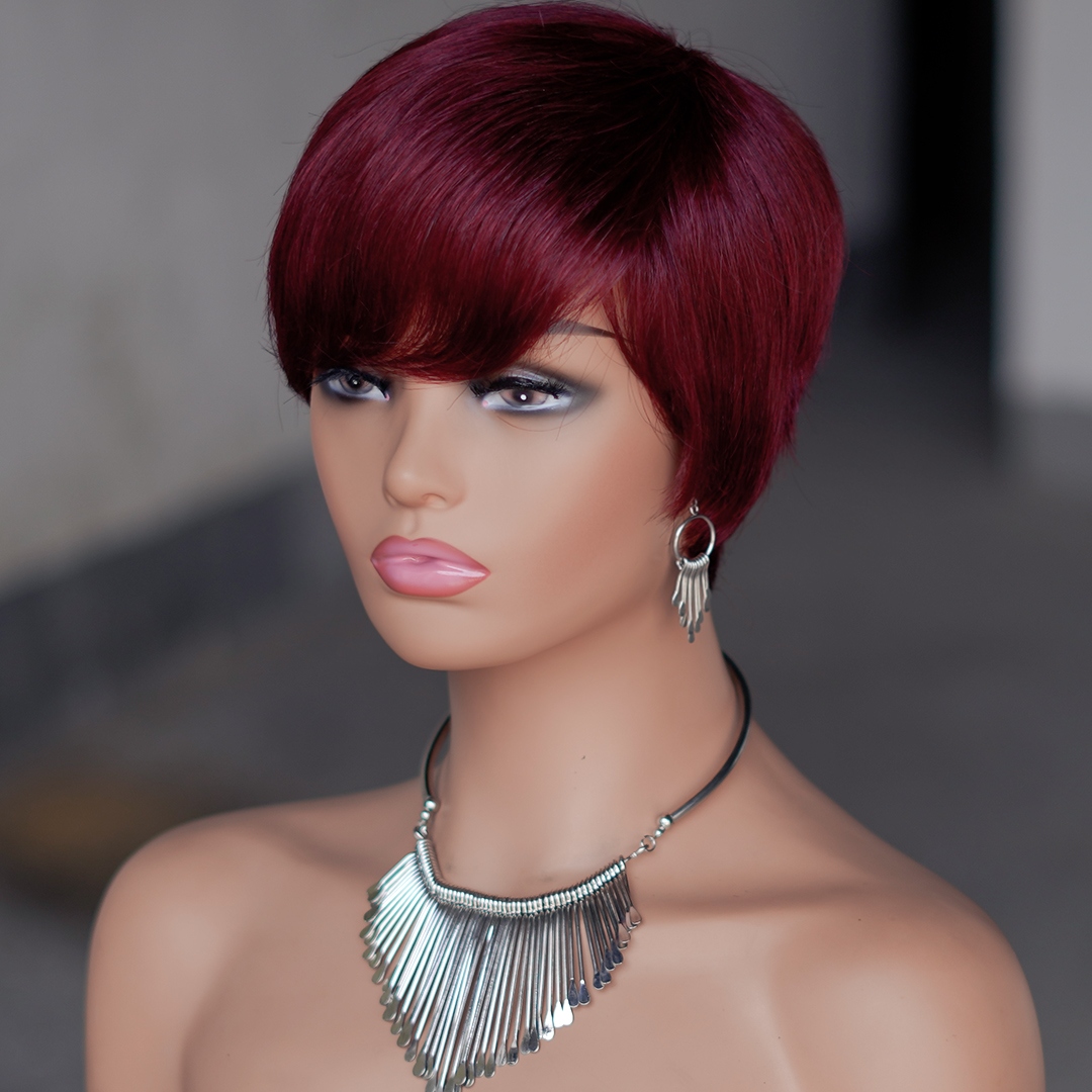 None lace 99j color wig 100% short women's cheap natural with bangs straight brazilian human hair short pixie cut wig