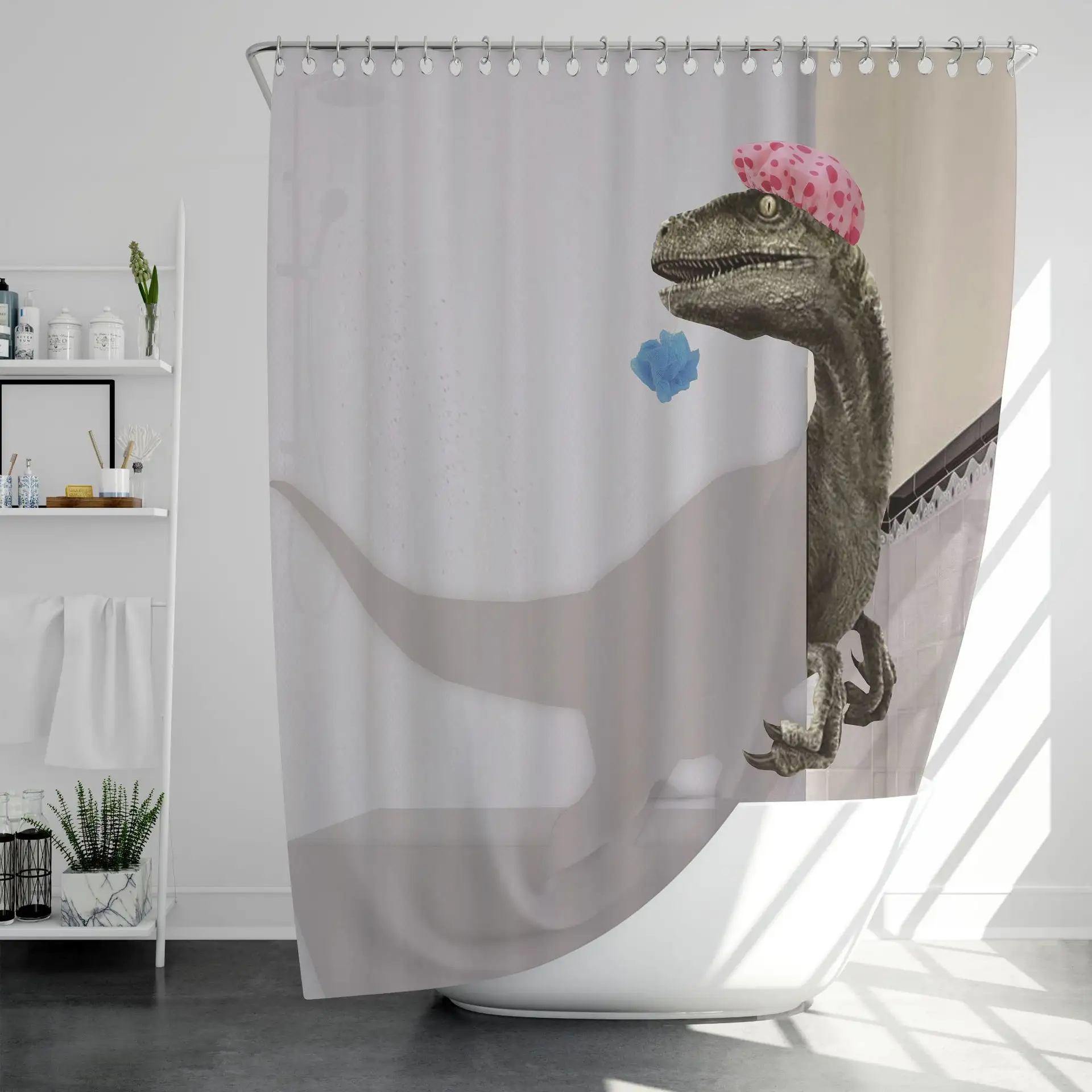 Fancy Modern Dino Dinosaur 3D Printed Bathroom Waterproof Shower Curtains Set With Rug Nonslip Mat 4 Pieces
