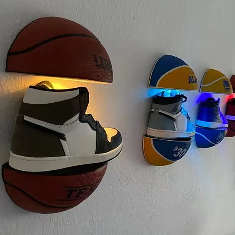 Shop Wall Floating Shelf LED Lighting Illuminated Basketball Sneakers Shoe Display Shelves Stand Shoe Racks