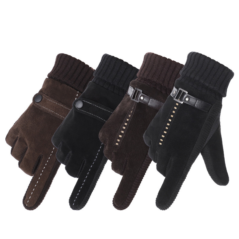 Winter Motorcycle Leather Gloves Men's Cycling Outdoor Protection Palm Warmer Velvet Fleece Lined Pigskin Leather Gloves Cold