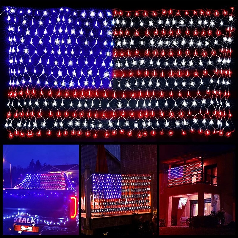 USA Flag Strip Lamp Outdoor Solar String Lights Waterproof Christmas String Lights Remote Control American Flag Net Lights