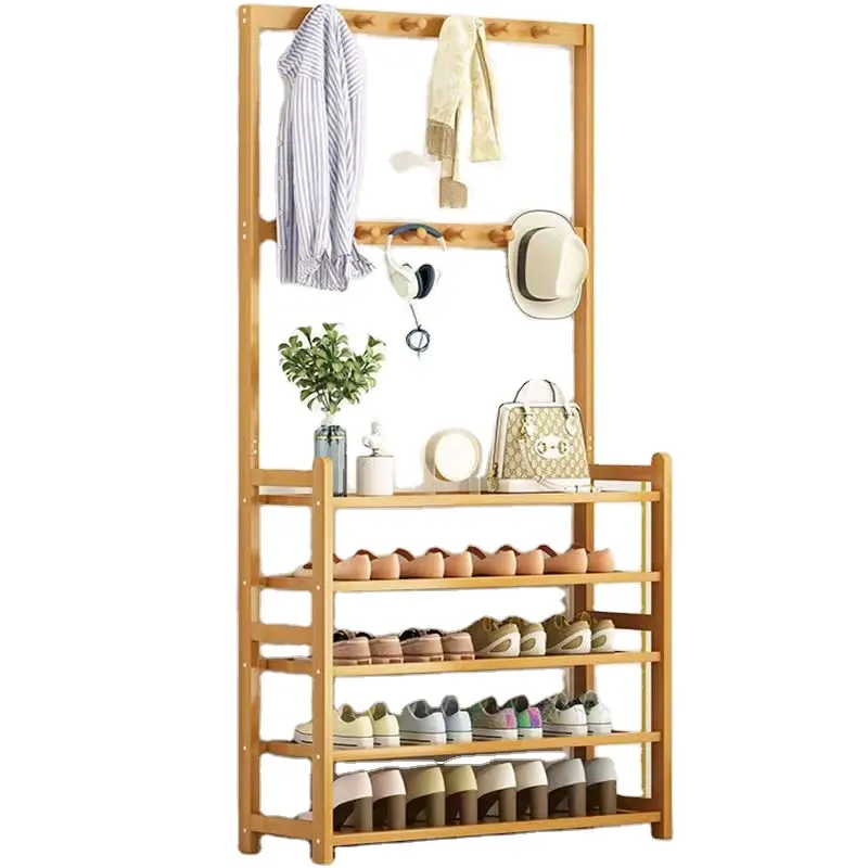 Multifunctional Clothes Hats Bags Hanging Storage Rack 5 Tier Bamboo Entryway Furniture Shoe Rack
