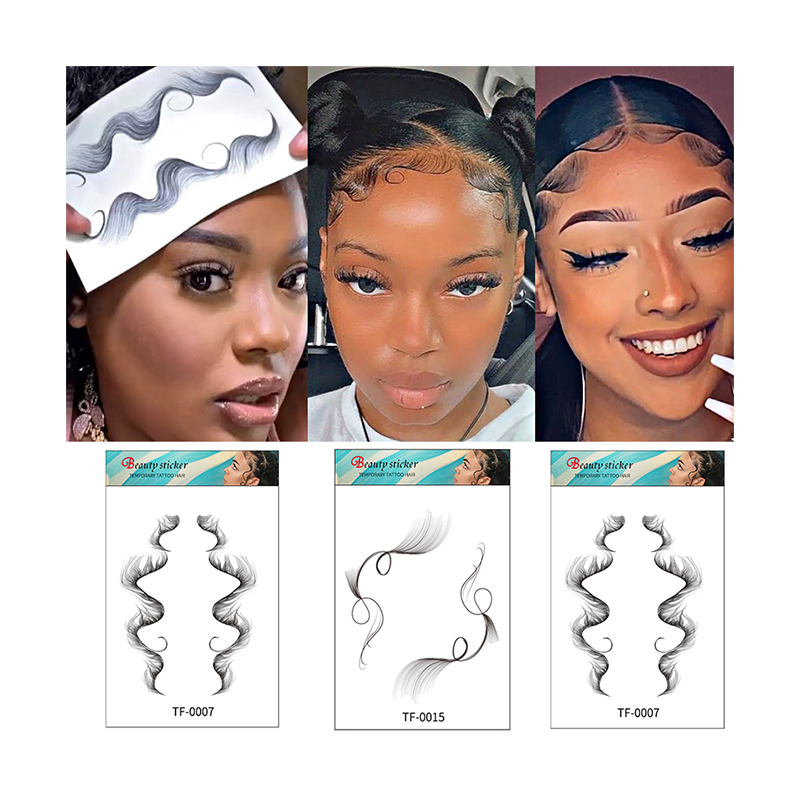 2021Temporary Curly Baby Hair Tattoo Sticker Kit Waterproof Baby Hair Tattoo Edges Black Retro European Bride Hairline