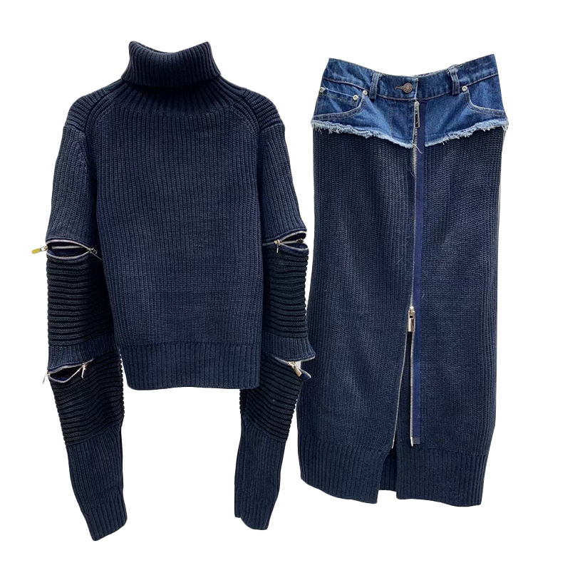 TWOTWINSTYLE Cut Out с высоким, плотно облегающим шею воротником с длинными рукавами свитер с высокой талией в стиле пэчворк джинсовые штаны на молнии юбка комплект из 2 предметов