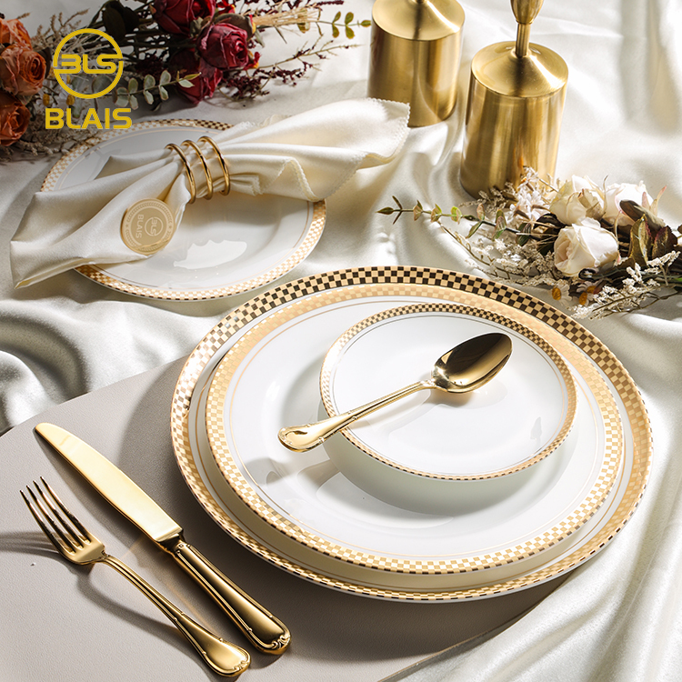 gold border bone china dinnerware luxury, party bulk ceramic porcelain plate nordic tableware set for restaurant hotel wedding