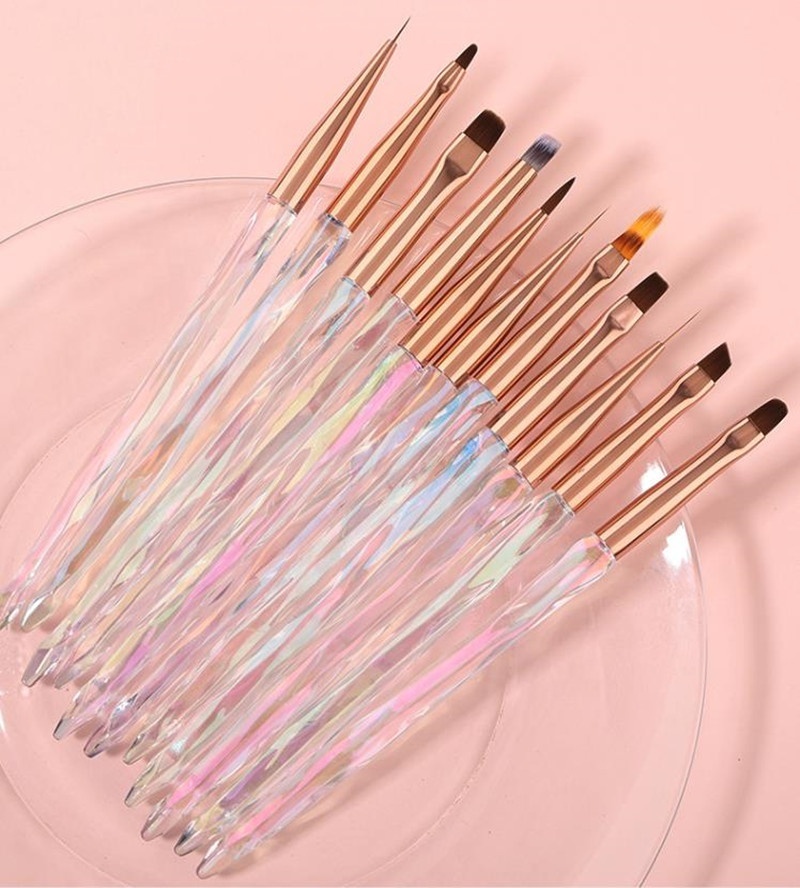 Gel Nail Brush 11Pcs Acrylic Crystal Handle Nail Sculpting Art Brush Set for Salon at Home DIY Manicure Brush Pen