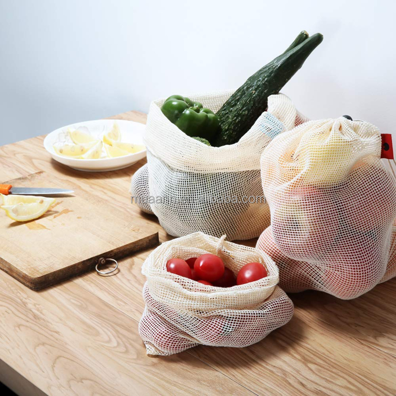 Cotton Mesh Shopping Organizer Reusable Produce Bags custom logo private label drawstring hanging mesh bag with hanger