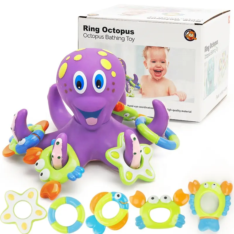 Manufacturer Floating Purple Octopus Interactive Baby Bath Toys Animal with 3 Hoopla Rings