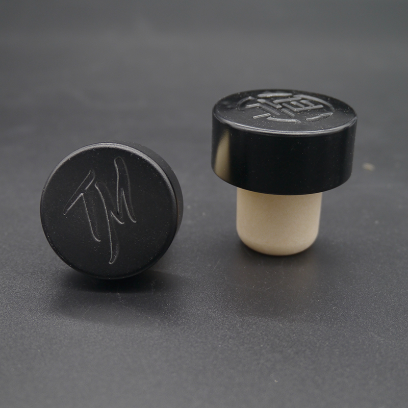 High Quality Custom Laser Logo Wooden Bar Top Cap Aluminum T shape Synthetic Cork Black Matte Bottle Stopper