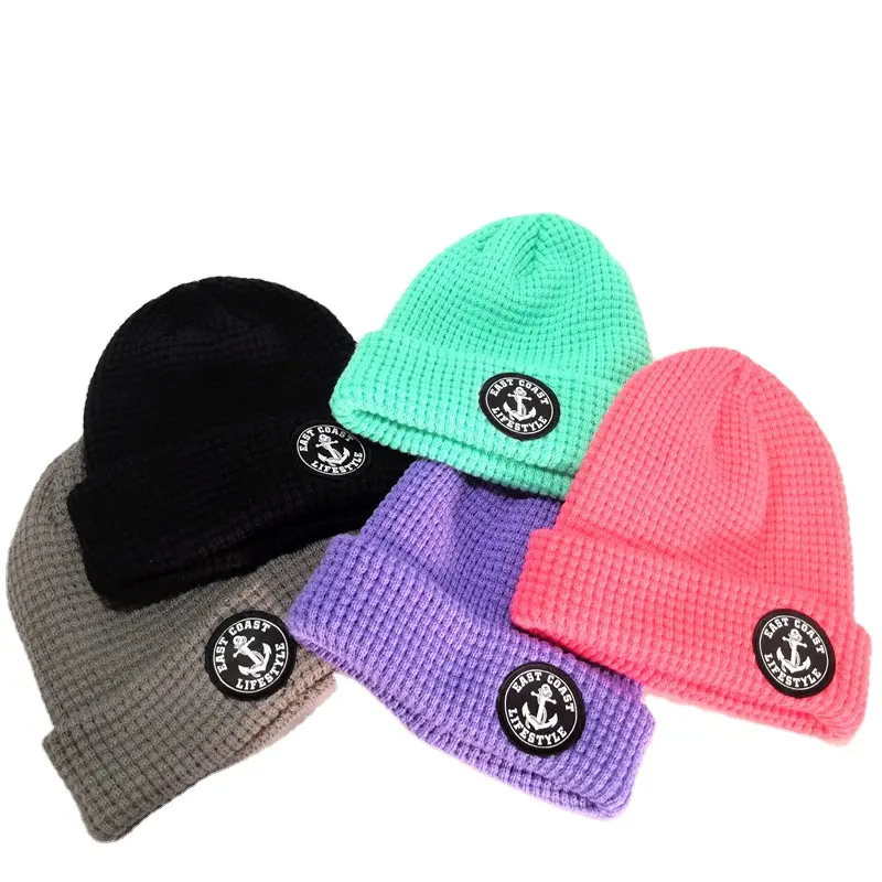 Sample Fishing Ribbed Beanie Cap Luxury Brand Knitted Beanie Hat Mens Waffle Knit Beanie With Rubber Patch