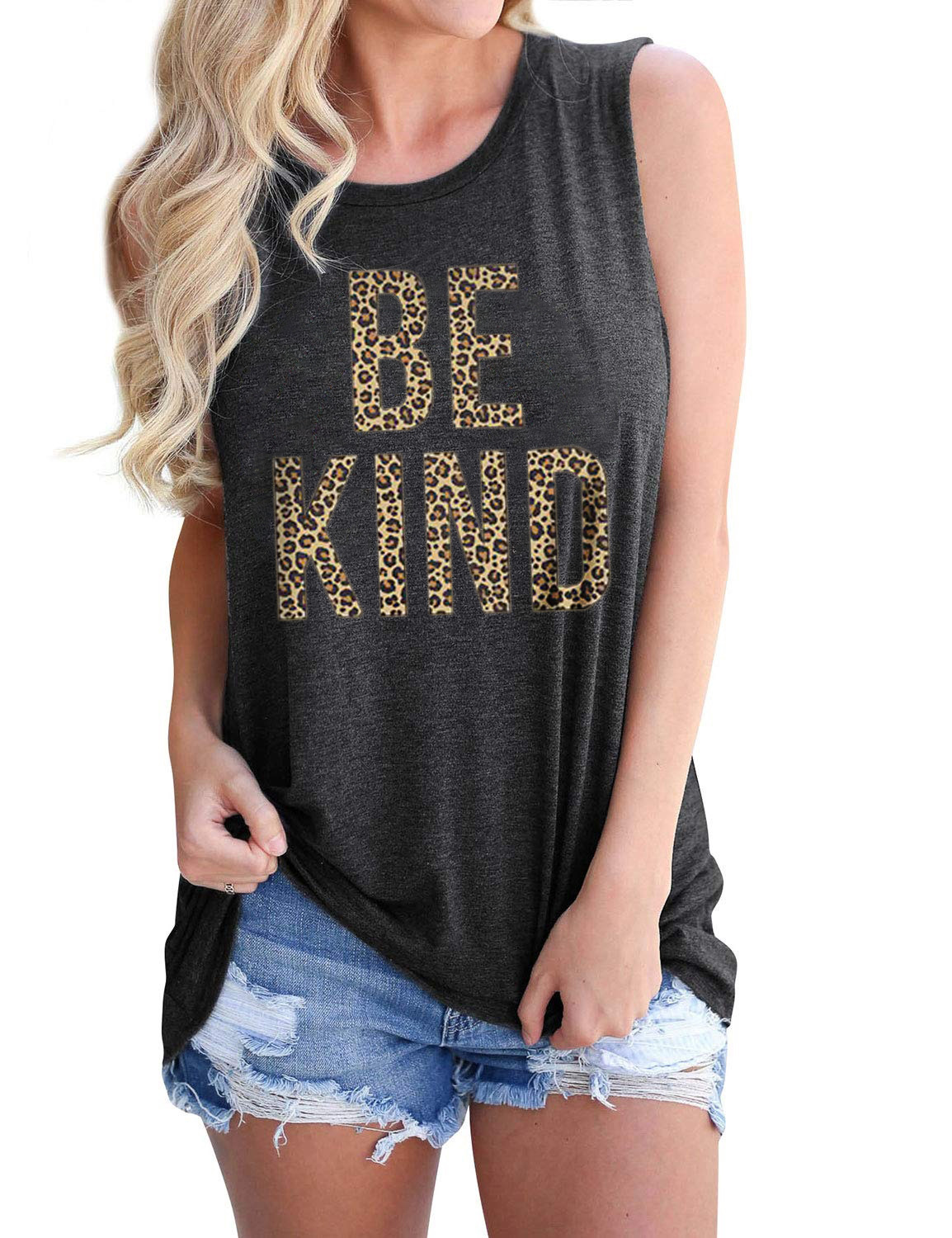 Hot sales ladies fashion BE KIND letter print round neck tank top women loose sexy summer vest