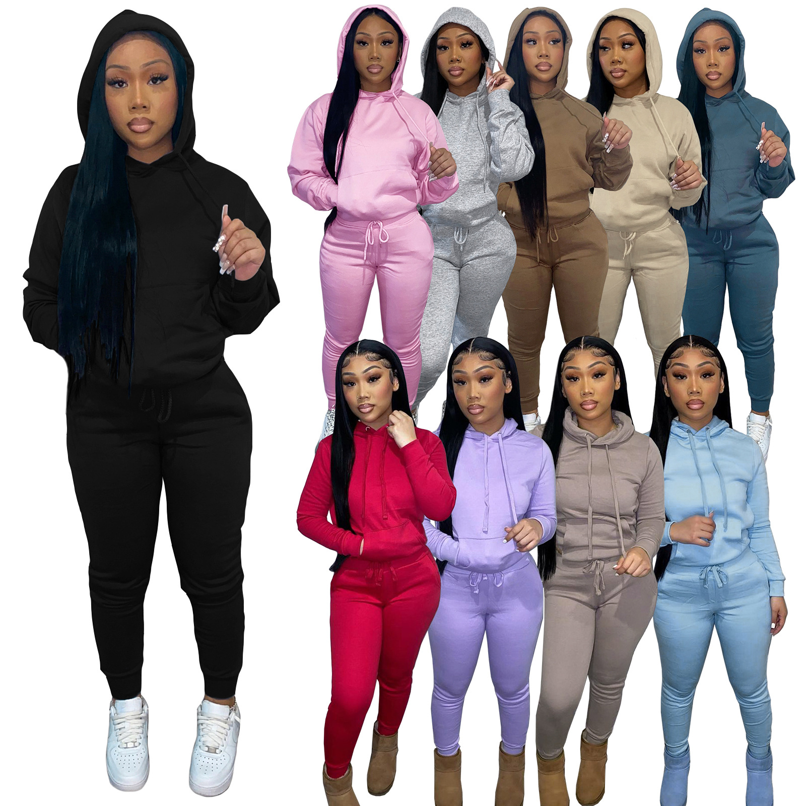 2021 Women's Trousers Cotton Tracksuit Two Piece Hoodie Sets Jogger Set Crop Top Outfit Women 2 Piece Sweat Suits
