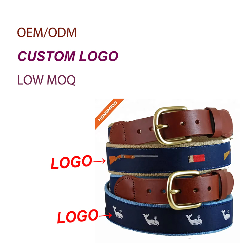 Factory Custom Navy Blue Inlay Ribbon needlepoint Waist Band Vivid Pattern full grain embroidered golf Leather Belts for men