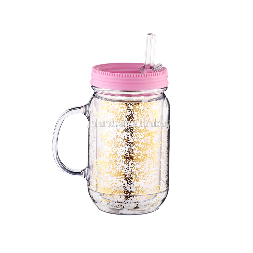 Wal-mart аудит одобренный заводской напиток используя bling 20oz двойной, стеклянный, акриловый mason jar с пластиковой крышкой и ручкой
