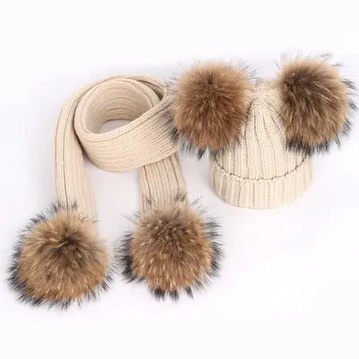 Baby Girls Knitted Hat Scarf Set Boys Kids Warm Real Raccoon Fur Pom Crochet Skull Hats Beanie Hats