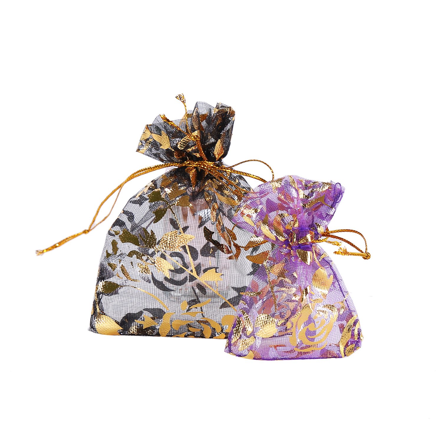 Linna 7*9Cm Rose Flower Printed Gold Stamping Organza Pouches For Festival Gift Jewelry Wedding Women Girl Organza Potli