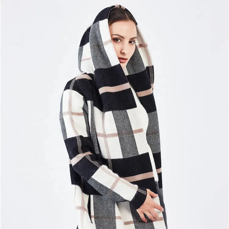 Hot selling attractive style grids sweater coat ladies tops latest design hooded cardigan