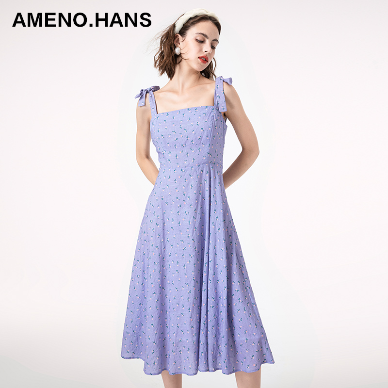 New Casual Sleeveless Lace Up Strap Bow Floral Dress Summer Dresses Women Midi Dress