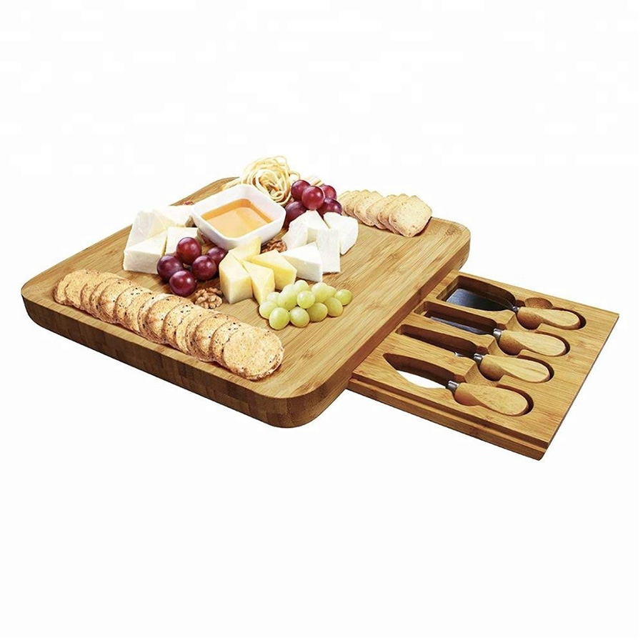 Wholesale Bamboo Wood Cheese Boards Cheese Board and Knife Set Bamboo Serving Platter Cheese Cutting Board Set