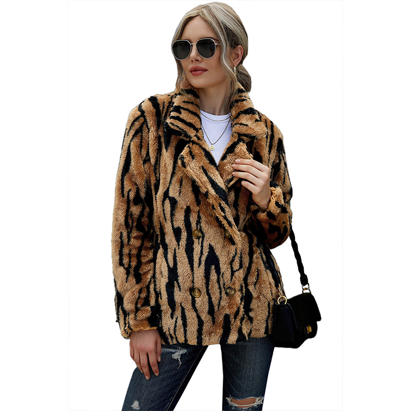 2021 Fashion Warm Tiger Print Lapel Plush Teddy Jacket Womens Faux Fur Coat