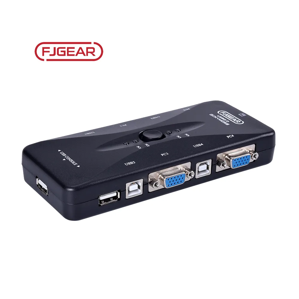 FJGEAR home audio manually USB 2.0 kvm switch 4 port for 4 computers sharing keyboard mouse U disk printer and vga monitor HD