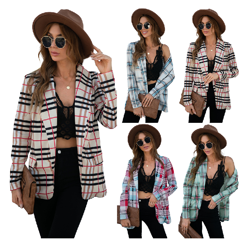 Casual plaid women suit coat Lapel fashion Open Front ladies Blazer wholesale