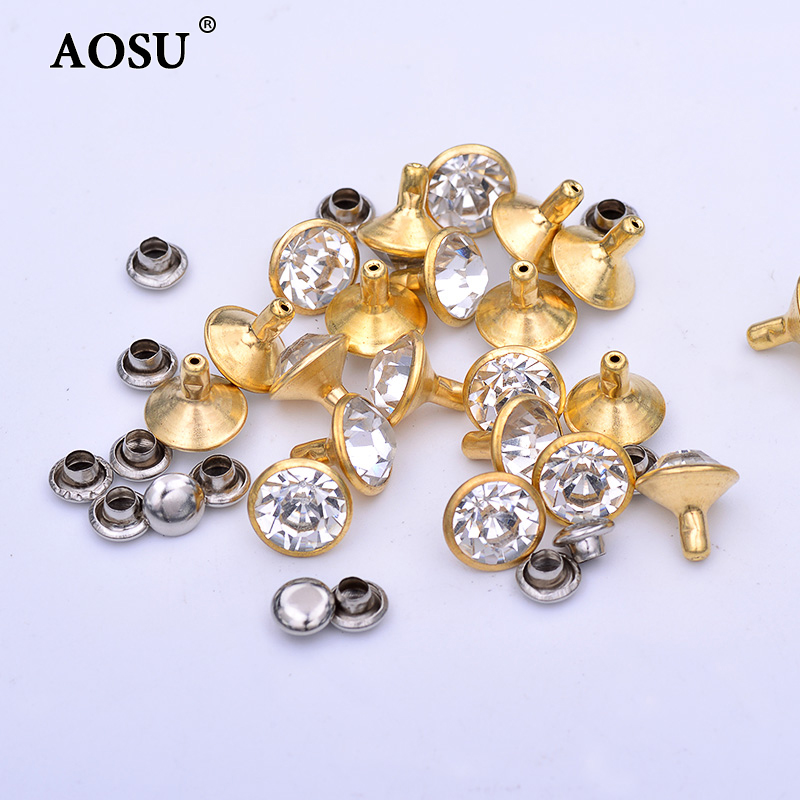 AOSU 10mm Gold Studs Clear Glass Stones With Spikes Decoration Brass Rhinestones Rivets For Leather Clothes Shoes