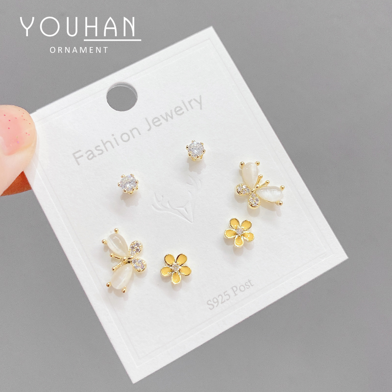 ED63627 Korean fashion cute gold plated women jewelry 3 pairs set butterfly flower stud earring