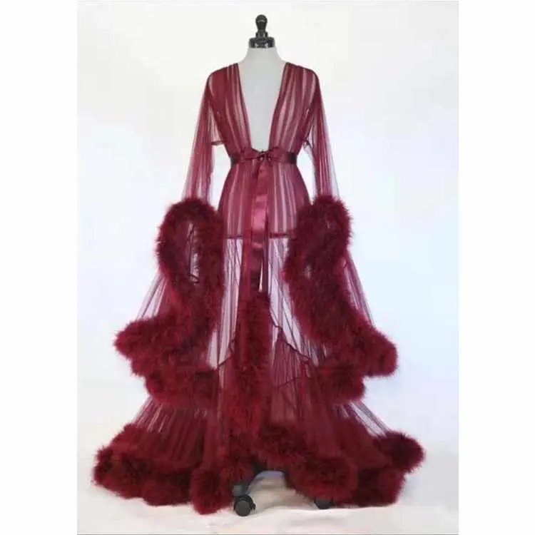 2021 New Women'S Wholesale Perspective Sexy Feather Trumpet Sleeve Tail Dress