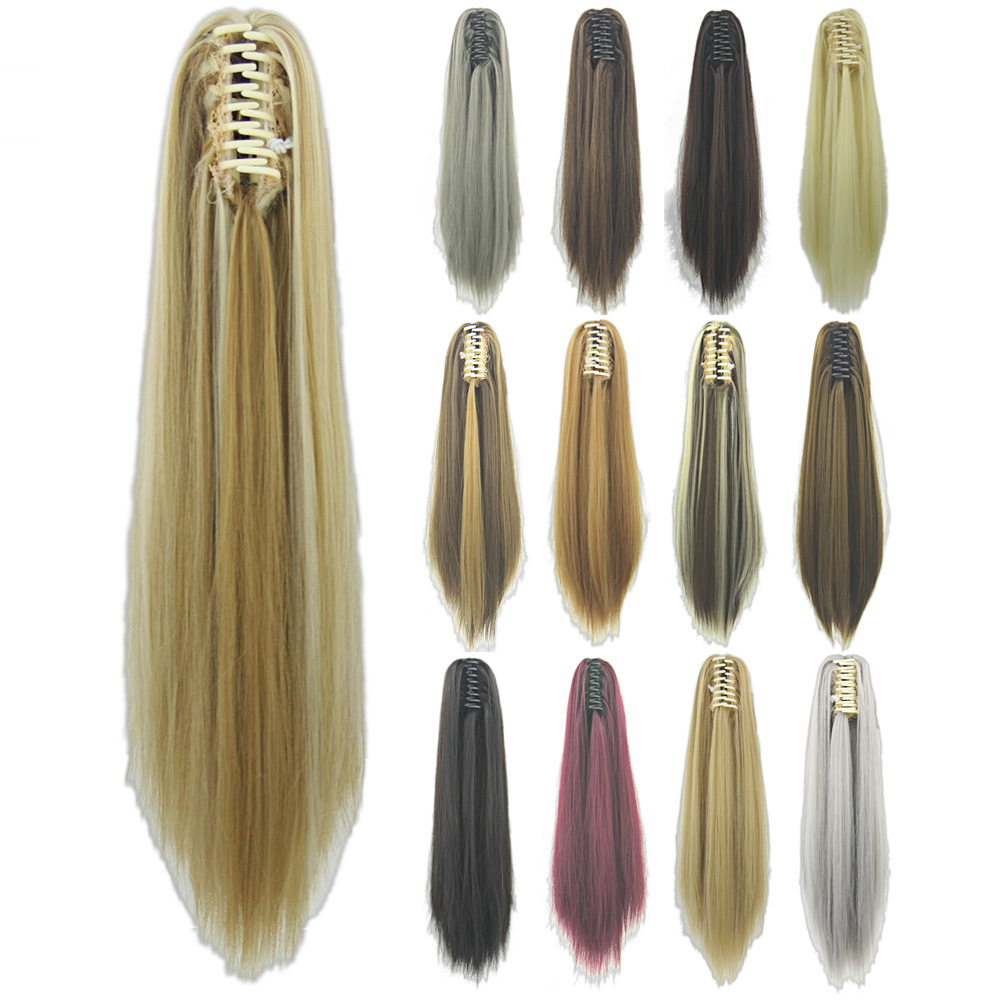 Hot Sale Gray Blonde straight Clip on Hairpiece Extensions Tail High Temperature Fiber Synthetic Hair Claw tails