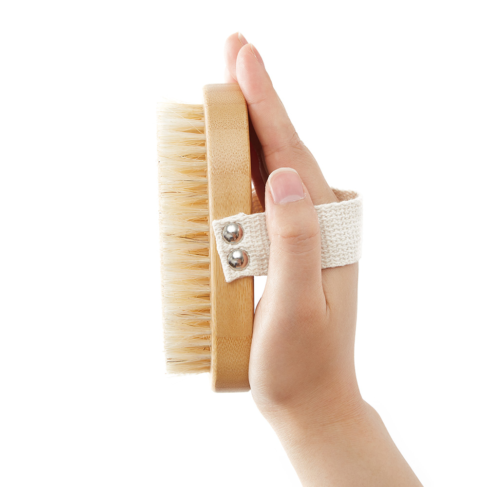 Custom Natural Spa Massage Goat Brush Boar Bristle Wooden Bamboo Clean Bath Dry Skin Body Brush with Belt