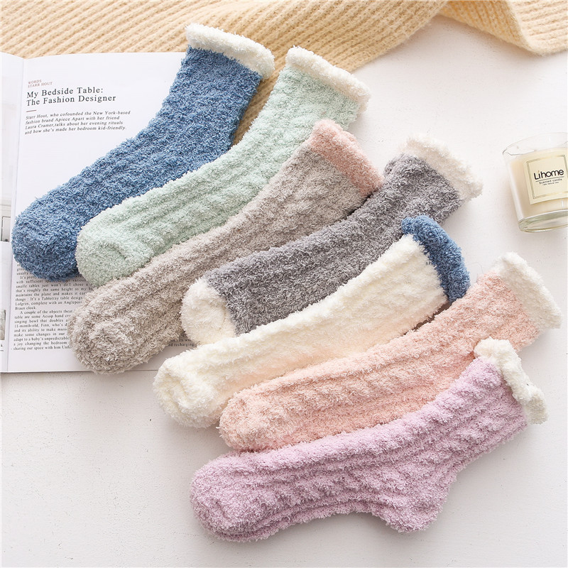 Wholesale Cheap Winter Thicken Warm Fleece Coral Velvet Fluffy Fuzzy Socks Solid Color Women Sleep Socks