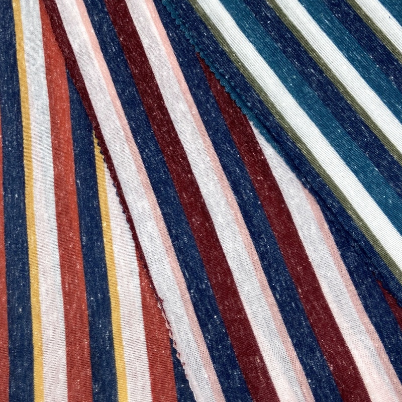 High quality multicolor 85% polyester 15% linen tshirts knitted yarn dyed stripe single jersey fabric
