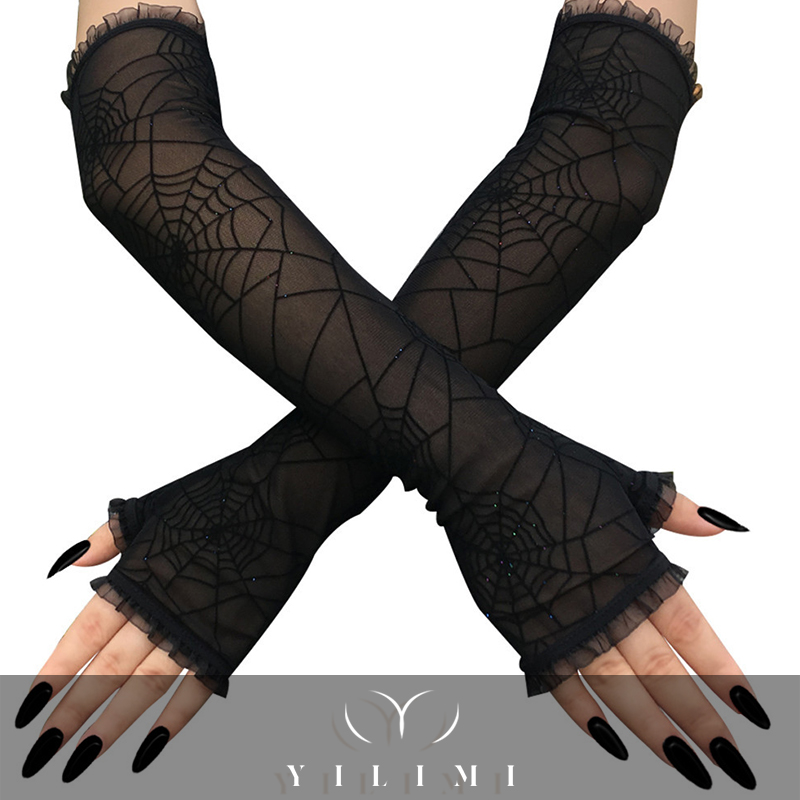 Spider Web Pattern Halloween Cosplay Costume Black Long Nylon Lace Gloves Sunscreen Half Finger Mesh Sexy Female Mitten