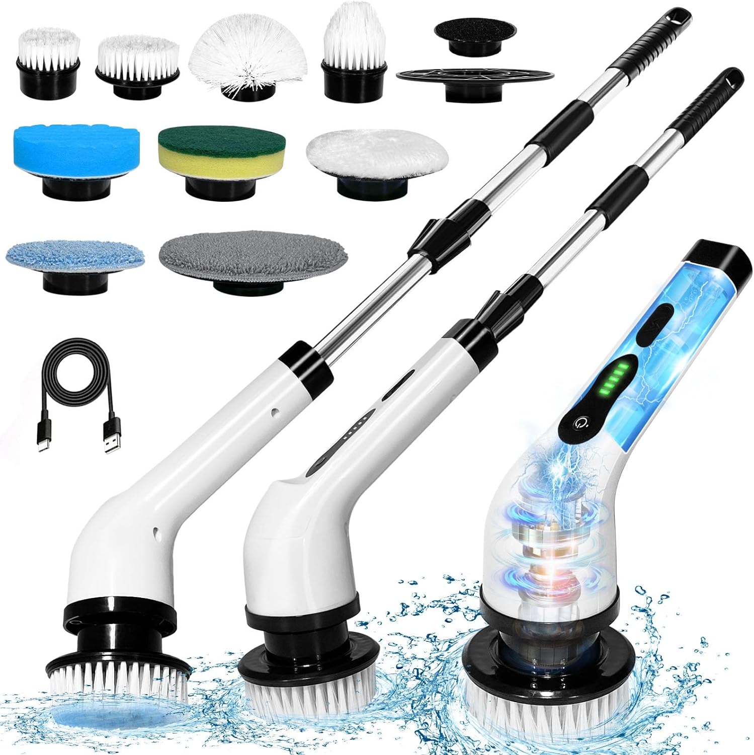 Electric Spin Scrubber Cleaning Brush Chargeable Cordless Power Turbo Scrub Scrubber With Extension Handle Adaptive Brush