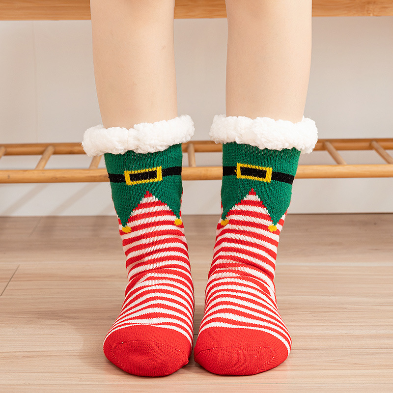 Lovely Christmas Elf Santa Print Coral Velvet Floor Socks For Adults Fluffy Cozy Fuzzy Non-slip Sleeping Sock Slippers Socks