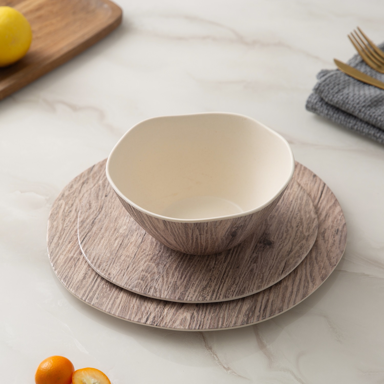 Recyclable easy to clean wood design melamine bamboo fiber dinner plate