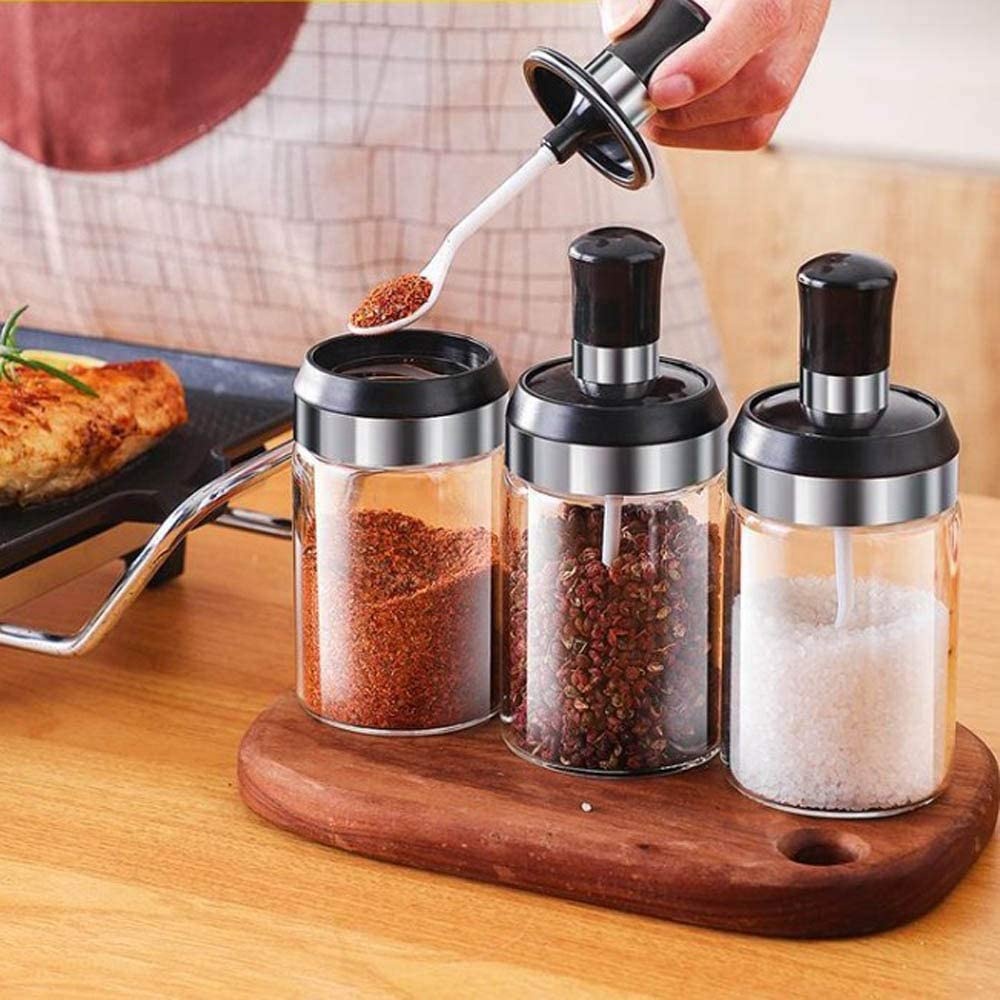 8.5oz Glass Spice Box Spoon and Lid Integrated Spice Jar Combination Seasoning Jar Kitchen Supplies Home Salt Shaker Oil Bottle
