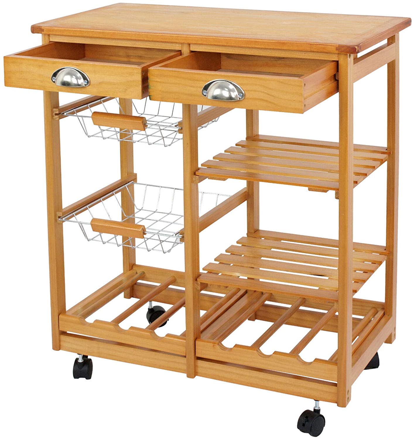 Four-layer bamboo multifunctional restaurant trolley with two drawers suitable for kitchen and hotel