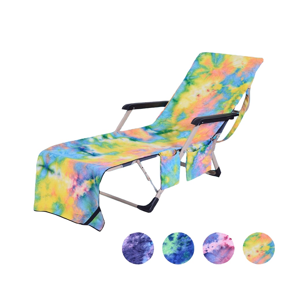 Pool Chair Towel with Side Pockets,Tie-Dye Yellow,Microfiber Chaise Lounge Towel Cover for Beach