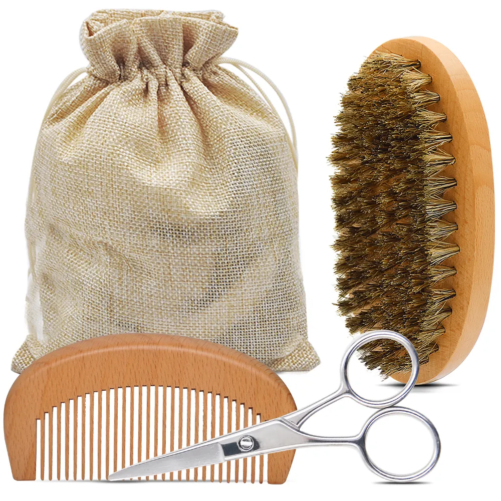 XIKEZAN 2022 Accessories Beard Product Wooden Barber Natural Beard Brush And Comb Set Trimming Kit