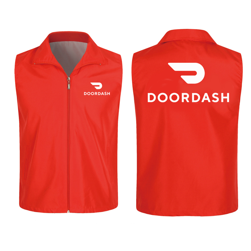 Оптовая продажа от производителя, DoorDash, доставка для мальчиков, красный цвет, рабочие жилеты, дешевые мужские безрукавки, жилеты, Униформа с карманами