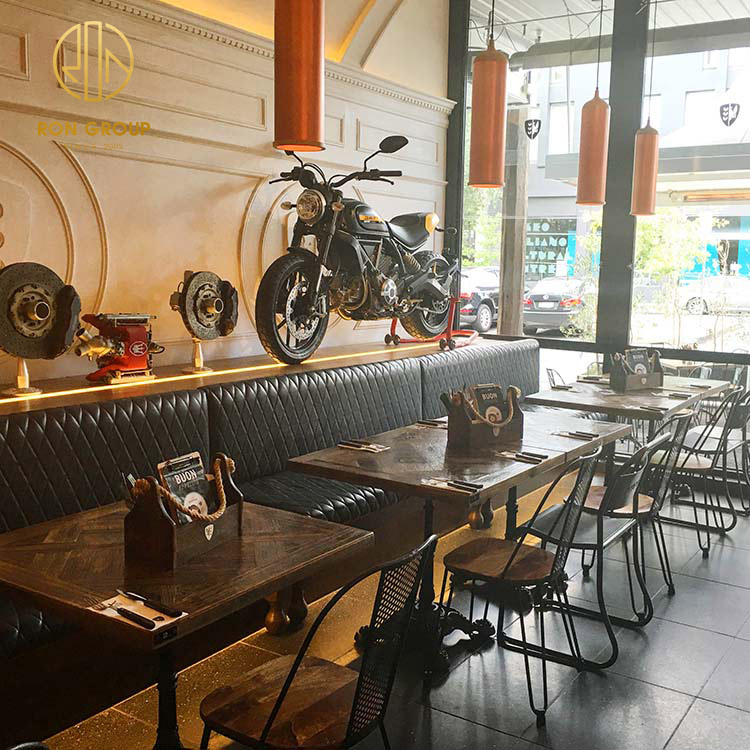 Leather bench sofa Coffee Shop Custom Commercial furniture solid cafe seating wood wooden restaurant booth table and chair set